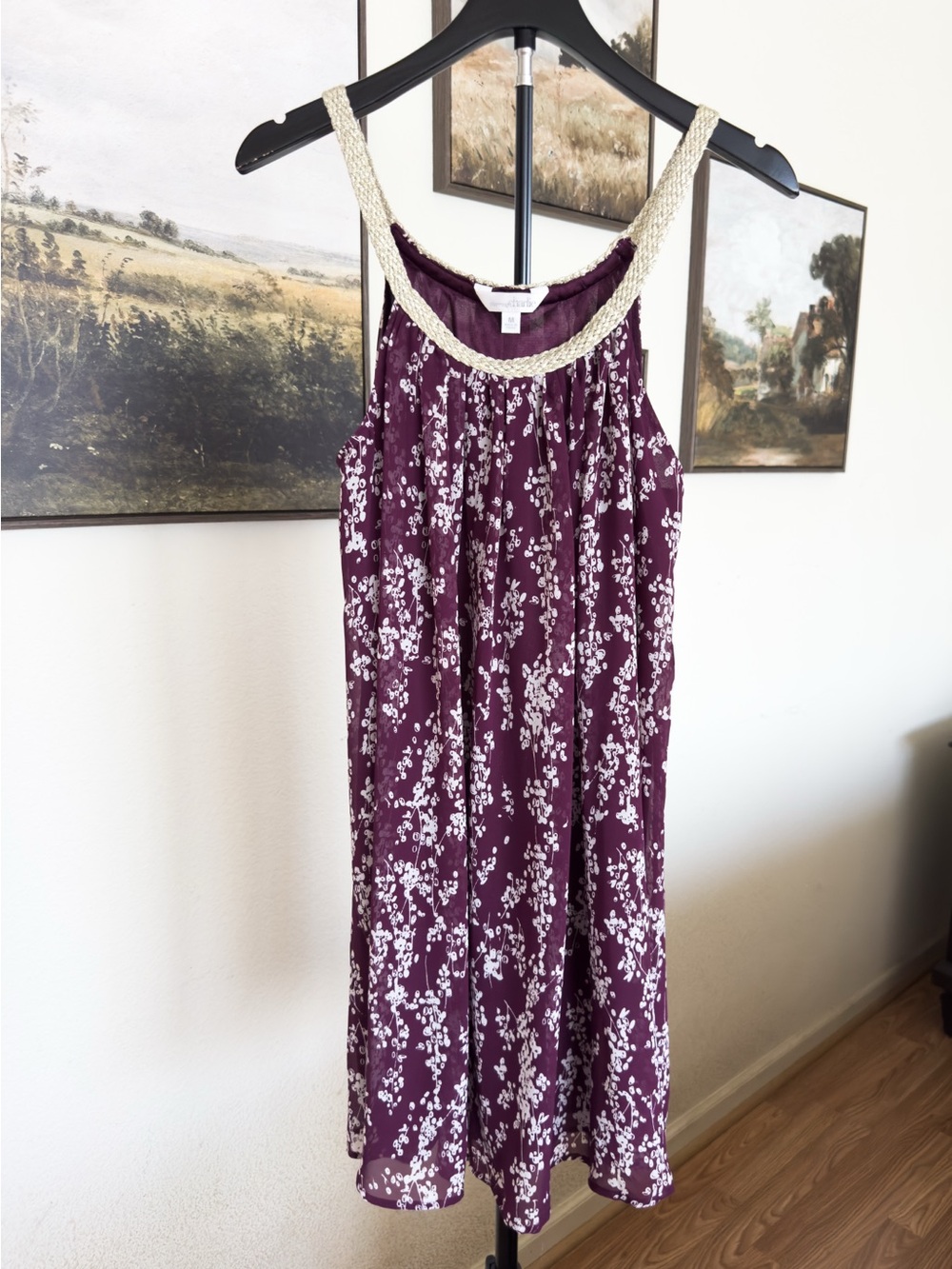 Charming Charlie Purple Floral Mini Dress with Braided Metallic Neckline